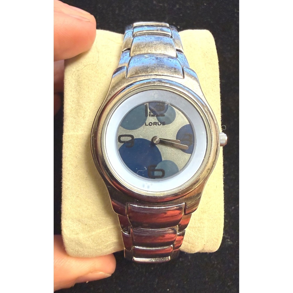 Lorus LR0798 Silver Tone Blue Polka Dot Dial Quartz Watch Japan Movt Mens Womens